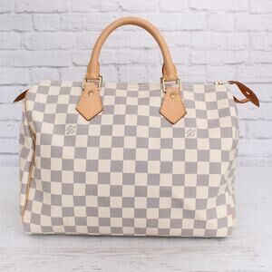 Louis Vuitton Speedy 30 Damier Azur Satchel White Boston Leather Handbag A5364